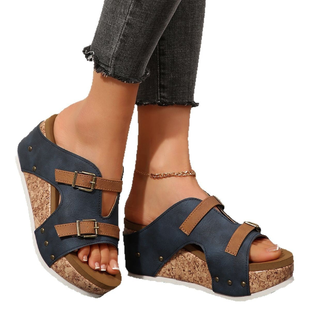Sandales Compensées Femme – Bout Ouvert & Semelle Liège Ultra-Confort