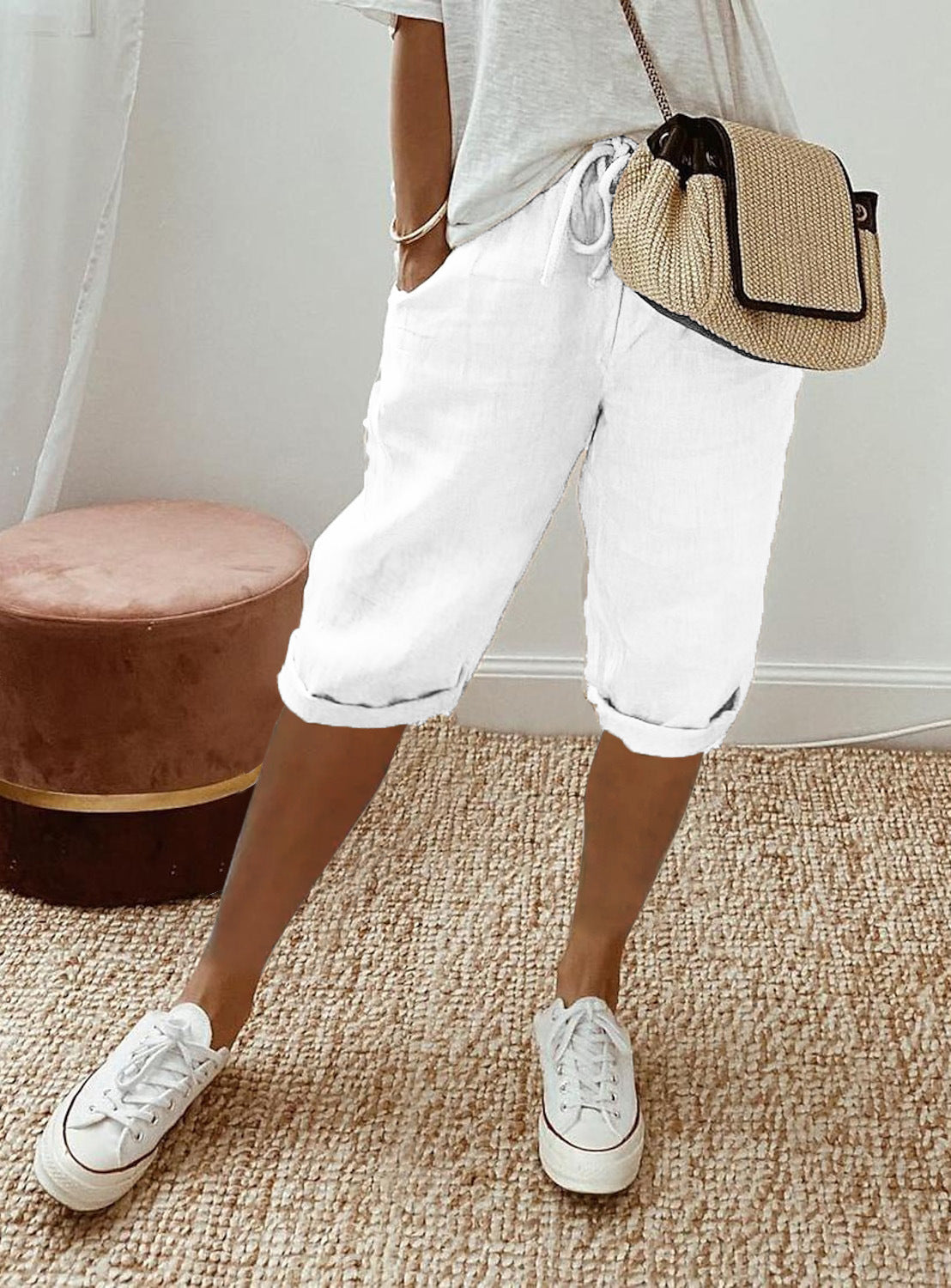 Pantalon Décontracté Femme en Coton et Lin avec Poches