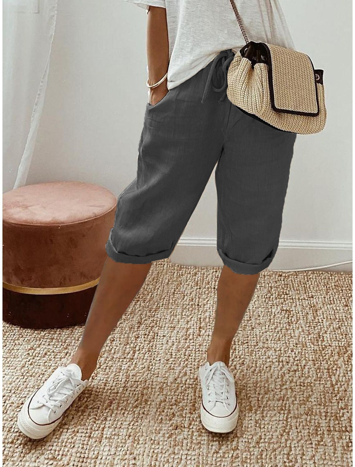 Pantalon Décontracté Femme en Coton et Lin avec Poches