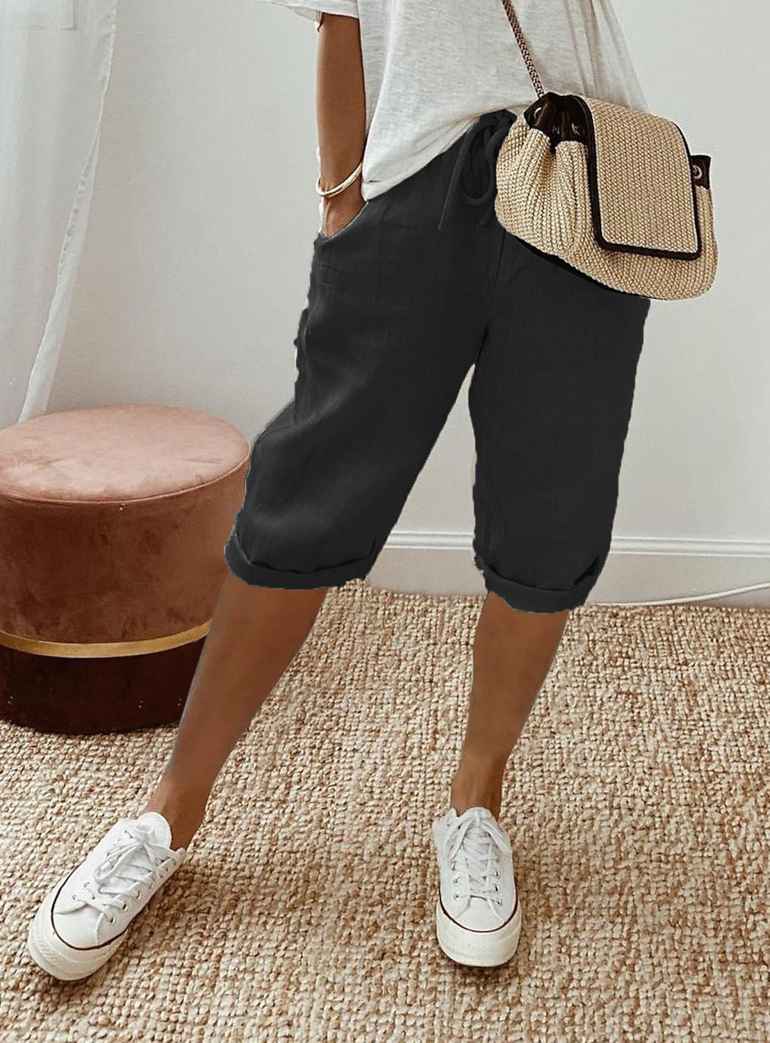 Pantalon Décontracté Femme en Coton et Lin avec Poches