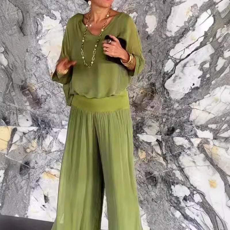 Ensemble Femme Chiffon – Haut Fluide & Pantalon Large Élégant