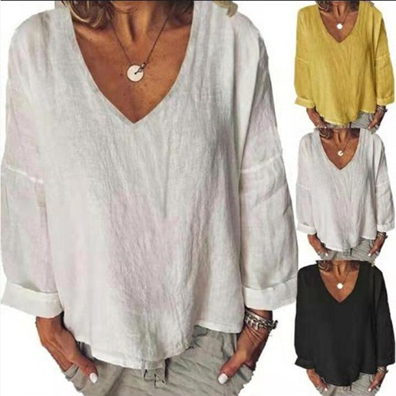 Haut en Lin Élégant Femme – Col V, Manches Longues, Tissu Léger et Raffiné