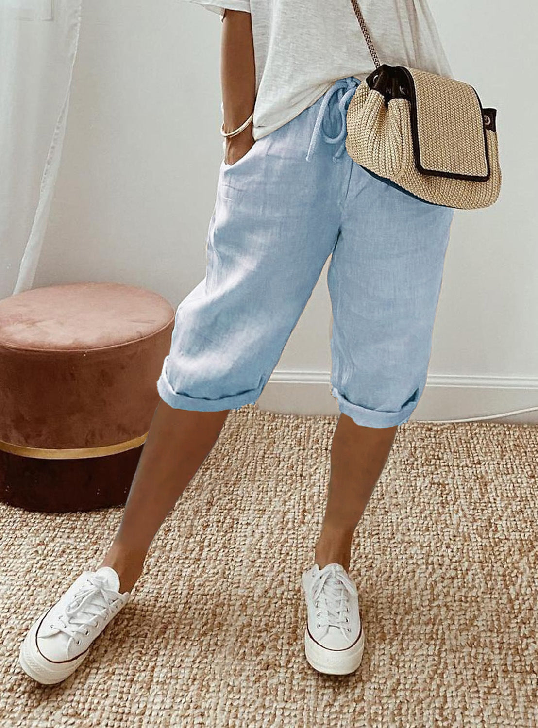 Pantalon Décontracté Femme en Coton et Lin avec Poches