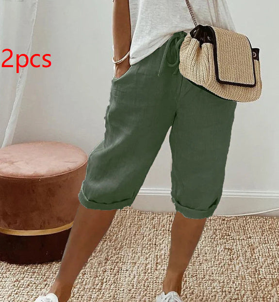 Pantalon Décontracté Femme en Coton et Lin avec Poches