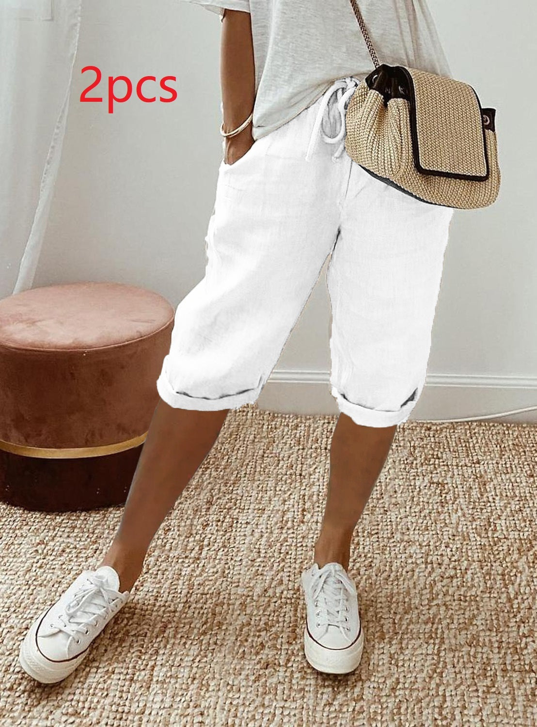 Pantalon Décontracté Femme en Coton et Lin avec Poches