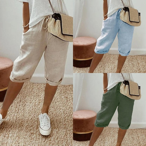 Pantalon Décontracté Femme en Coton et Lin avec Poches