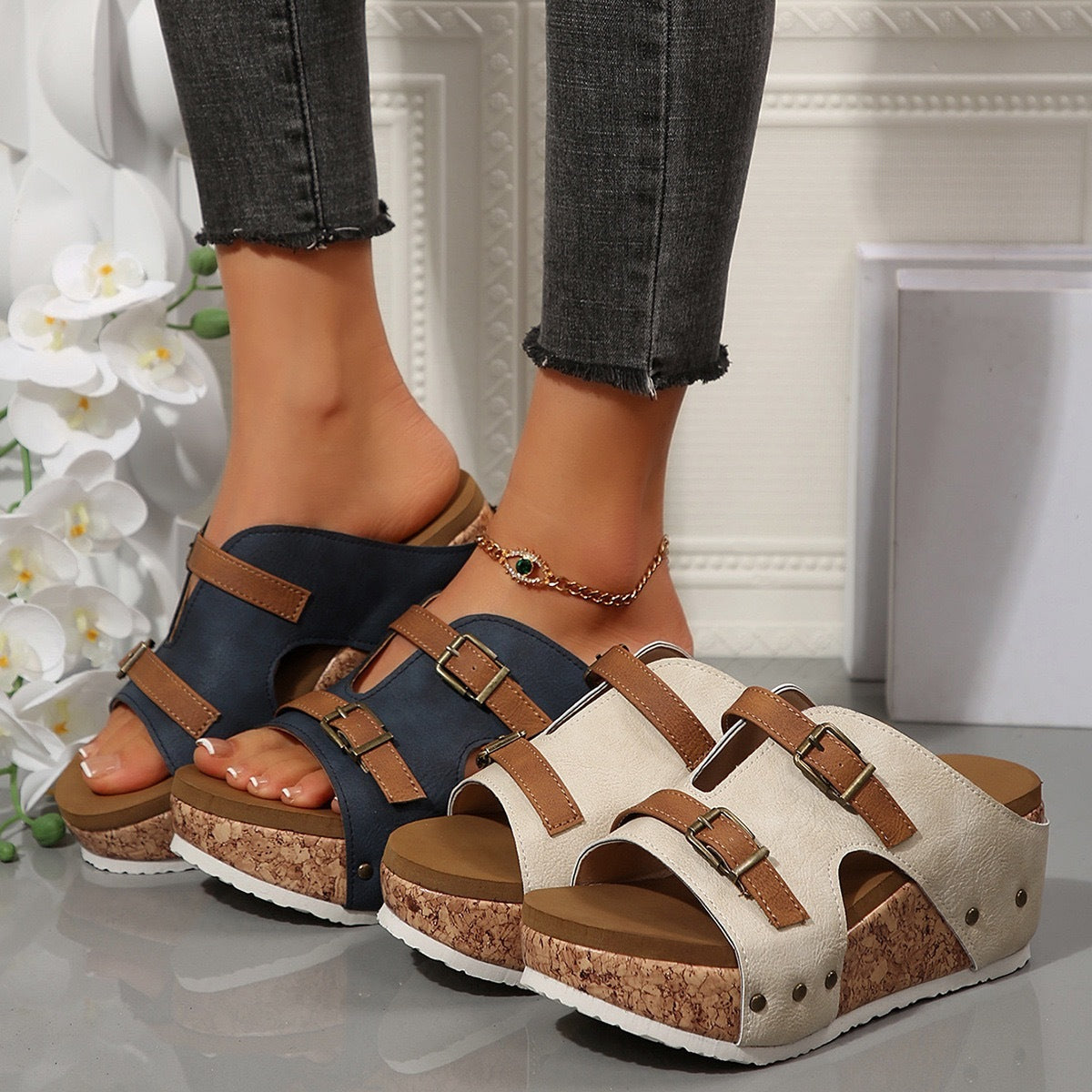Sandales Compensées Femme – Bout Ouvert & Semelle Liège Ultra-Confort