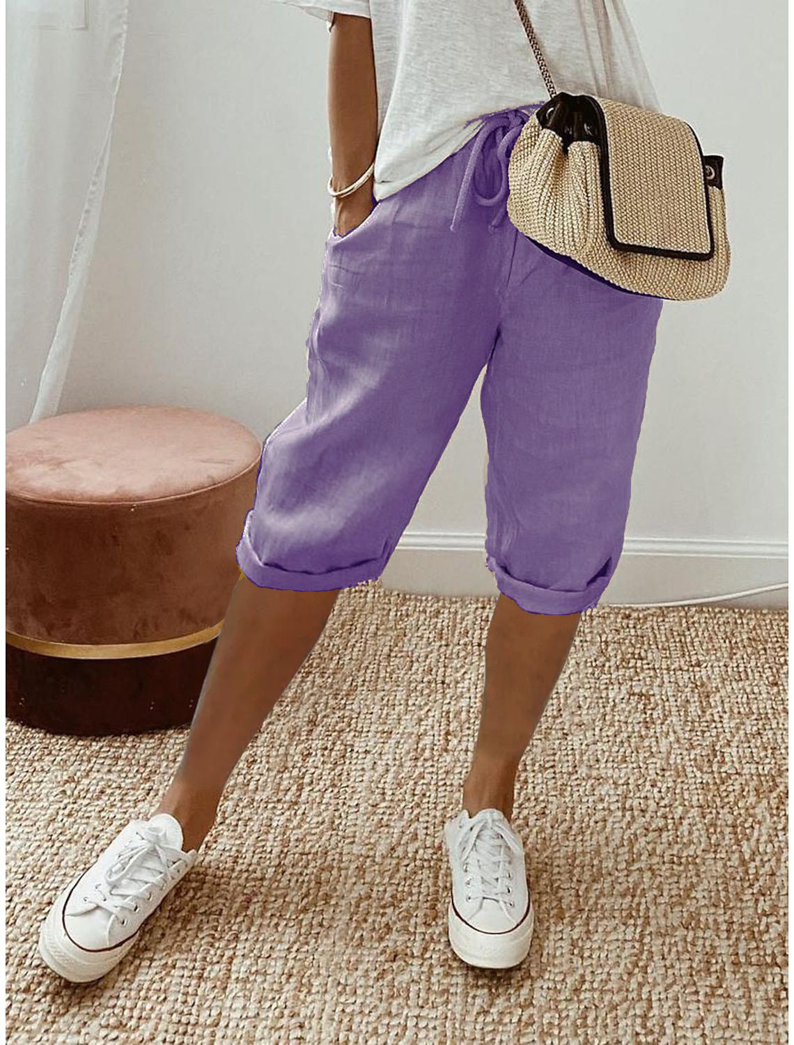 Pantalon Décontracté Femme en Coton et Lin avec Poches