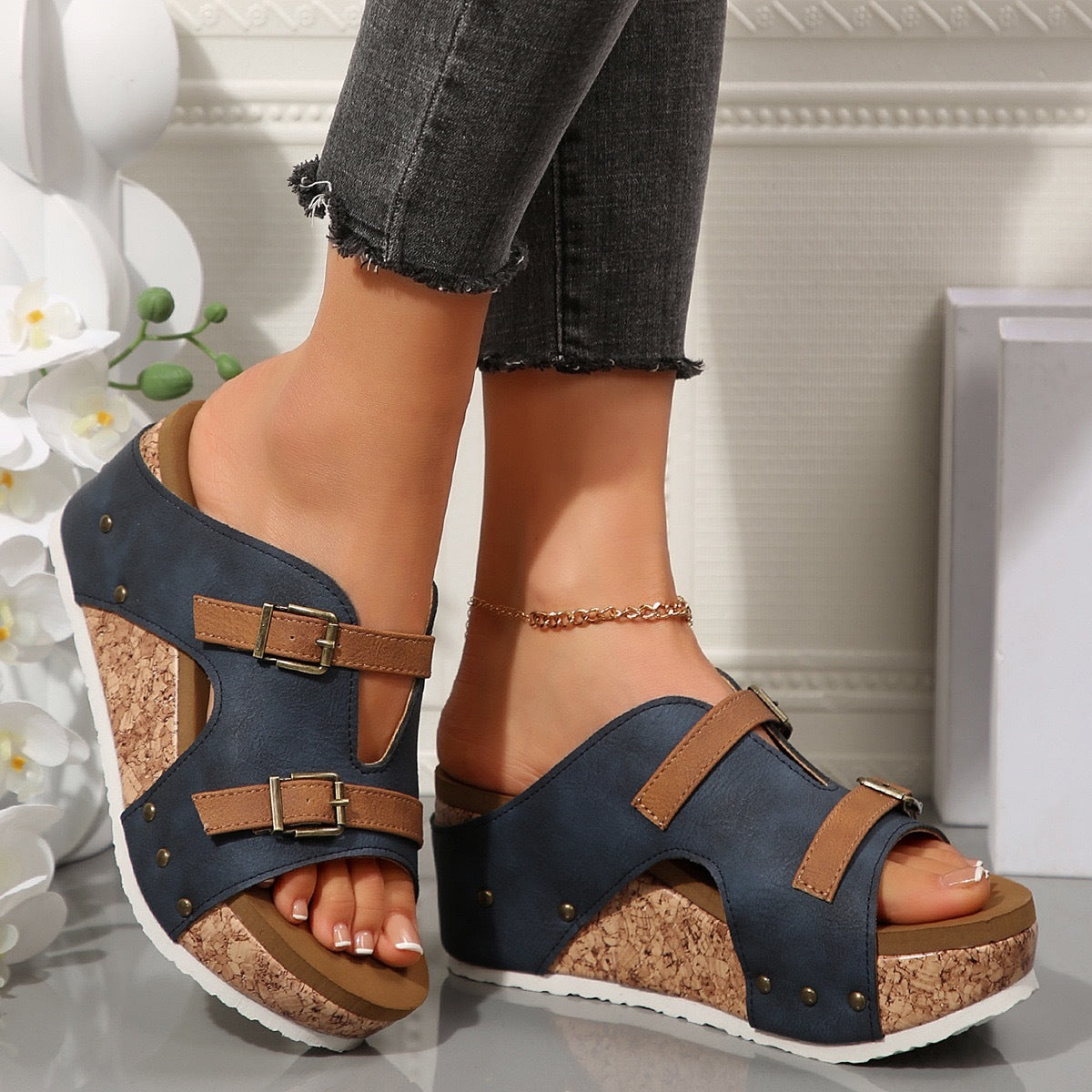 Sandales Compensées Femme – Bout Ouvert & Semelle Liège Ultra-Confort