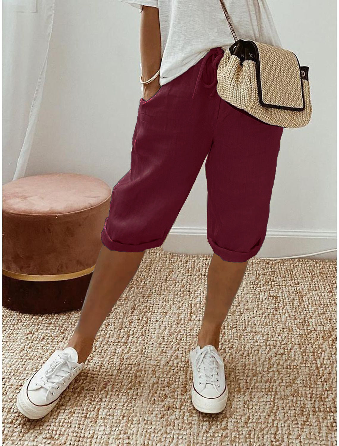 Pantalon Décontracté Femme en Coton et Lin avec Poches