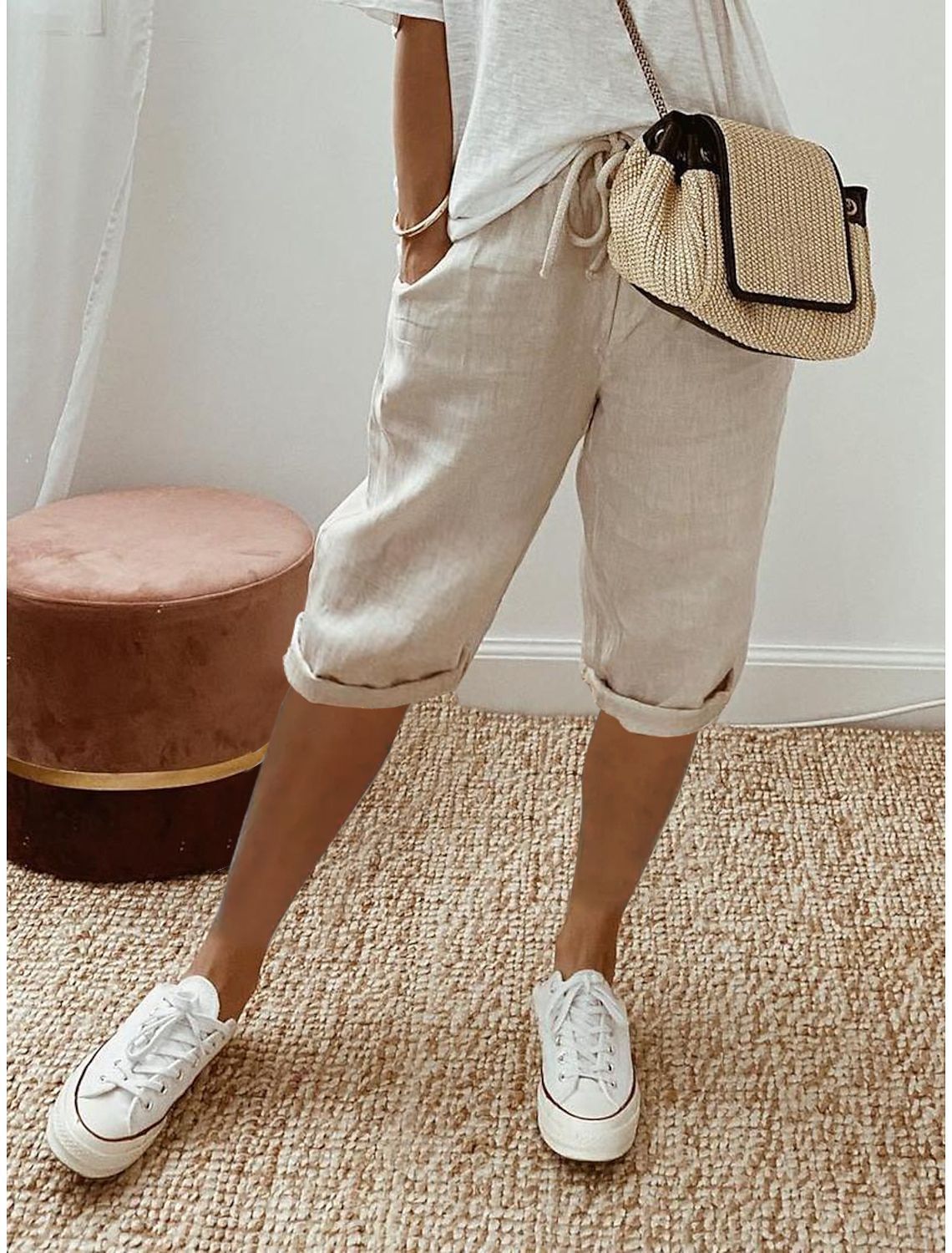 Pantalon Décontracté Femme en Coton et Lin avec Poches