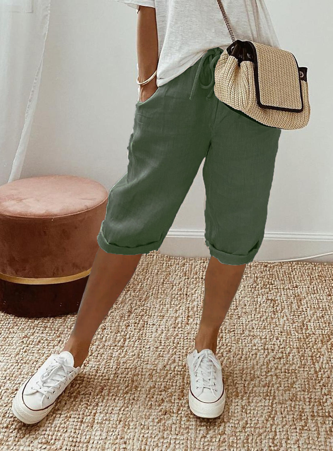 Pantalon Décontracté Femme en Coton et Lin avec Poches