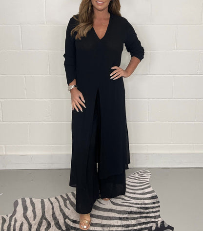 Ensemble Élégance Absolue – Haut Long & Pantalon Fluide