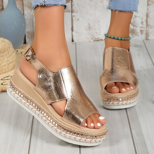 Sandales d'Été Brillantes – Design Ajouré & Bout Ouvert – Semelle Compensée Femme