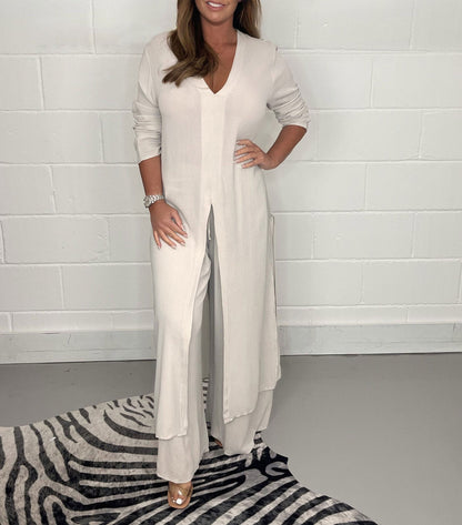 Ensemble Élégance Absolue – Haut Long & Pantalon Fluide