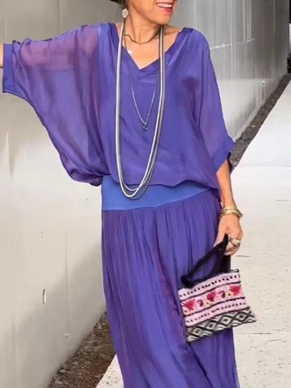 Ensemble Femme Chiffon – Haut Fluide & Pantalon Large Élégant
