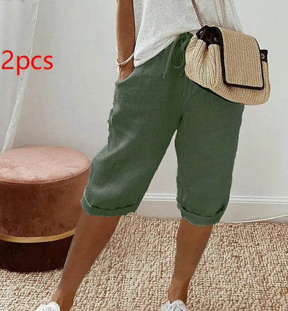 Pantalon Décontracté Femme en Coton et Lin avec Poches