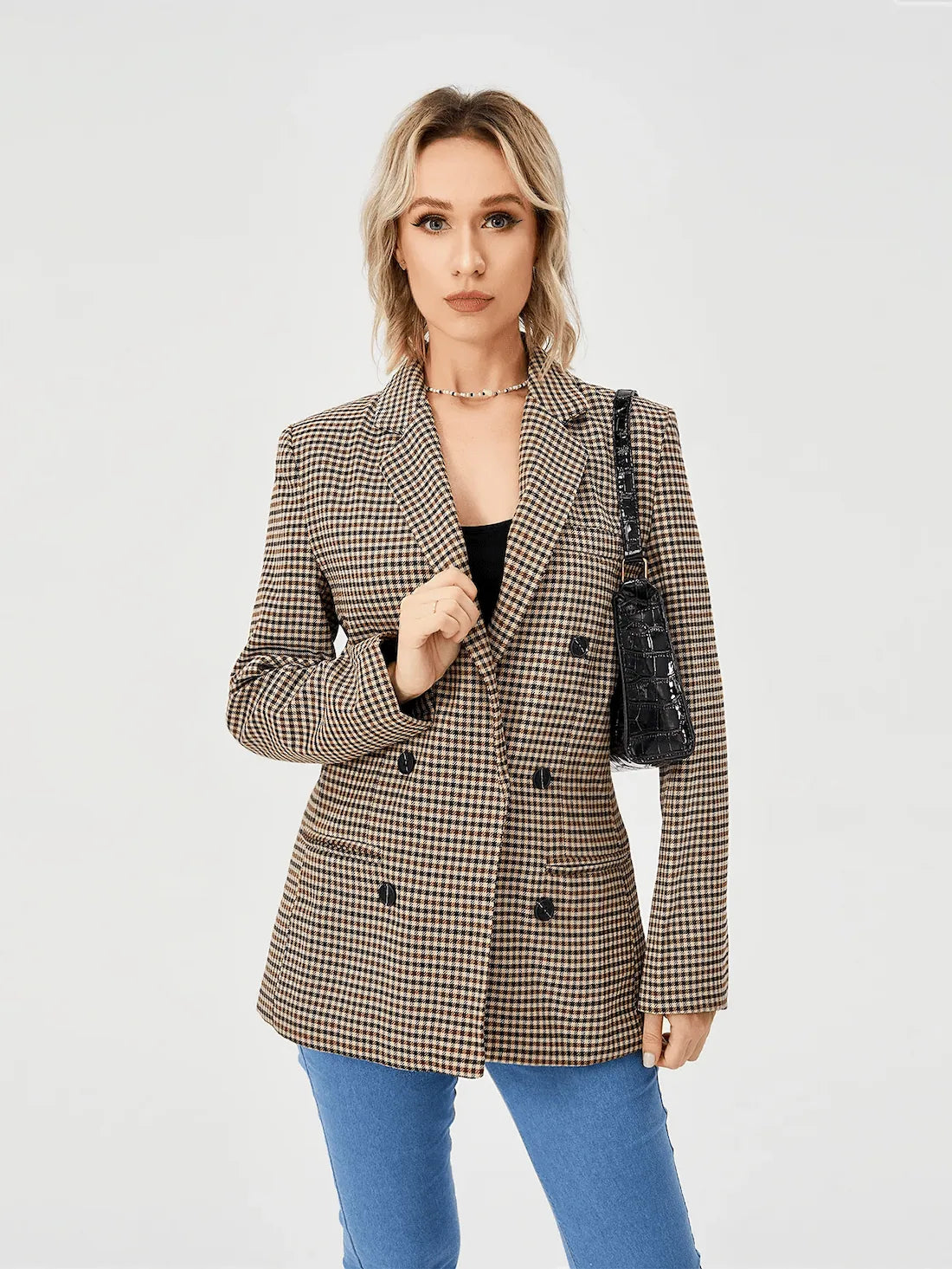 Blazer structuré femme motif pied-de-poule coupe élégante