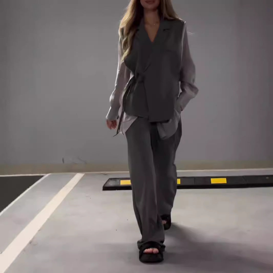 Ensemble Femme Chic en Chiffon – Haut Patchwork & Pantalon Fluide