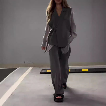 Ensemble Femme Chic en Chiffon – Haut Patchwork & Pantalon Fluide