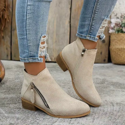 Bottines suédine à talon bloc, zip latéral