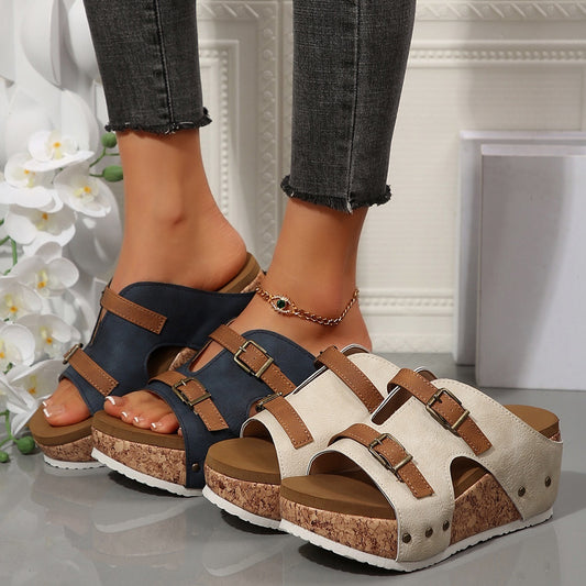 Sandales Compensées Femme – Bout Ouvert & Semelle Liège Ultra-Confort