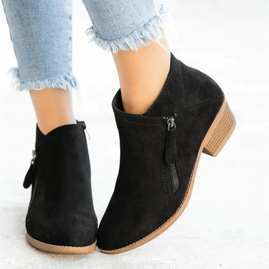 Bottines suédine à talon bloc, zip latéral