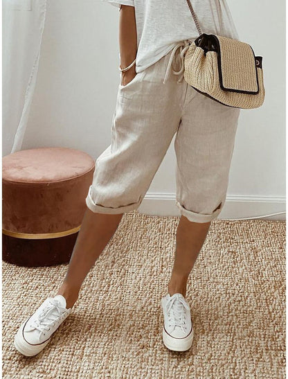 Pantalon Décontracté Femme en Coton et Lin avec Poches