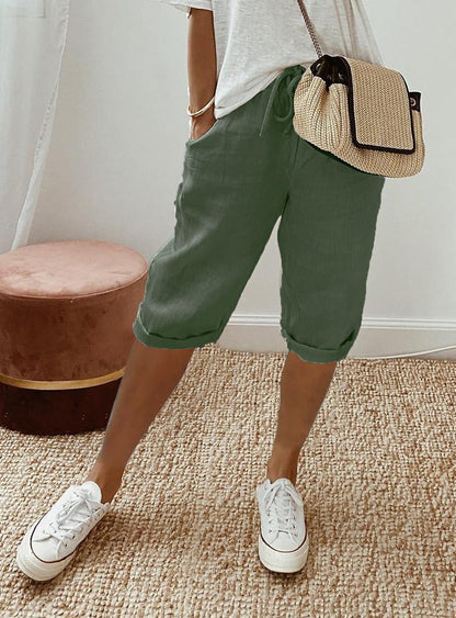 Pantalon Décontracté Femme en Coton et Lin avec Poches